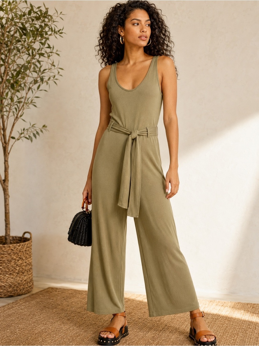 Topshop Olive Green Sleeveless Wide Leg Tie Waist Jumpsuit US 10 - Picture 1 of 14
